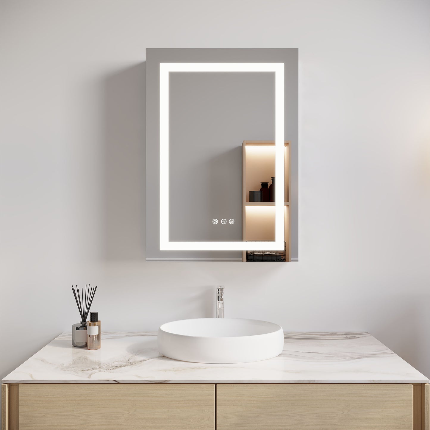 26X20" Bathroom Medicine Cabinet With LED Mirror, Anti-Fog, Waterproof, 3000K~6000K Single Door Lighted Bathroom Cabinet With Touch Swich, Dimmable, Recessed Or Surface Mount (Left Door) - Silver