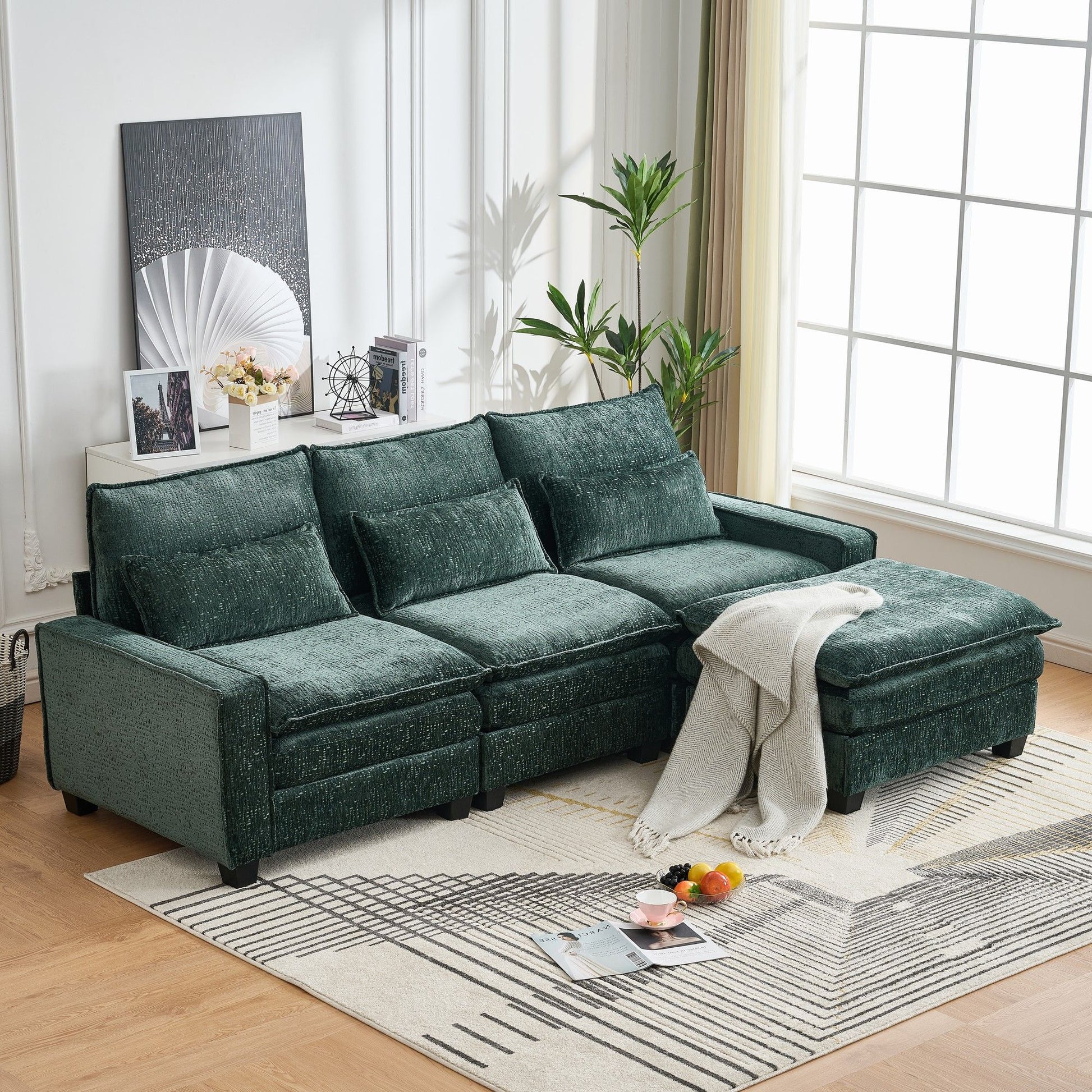 Modern Comfy Chenille L Shaped Sectional Sofa With Movable Ottoman Home Essentials
