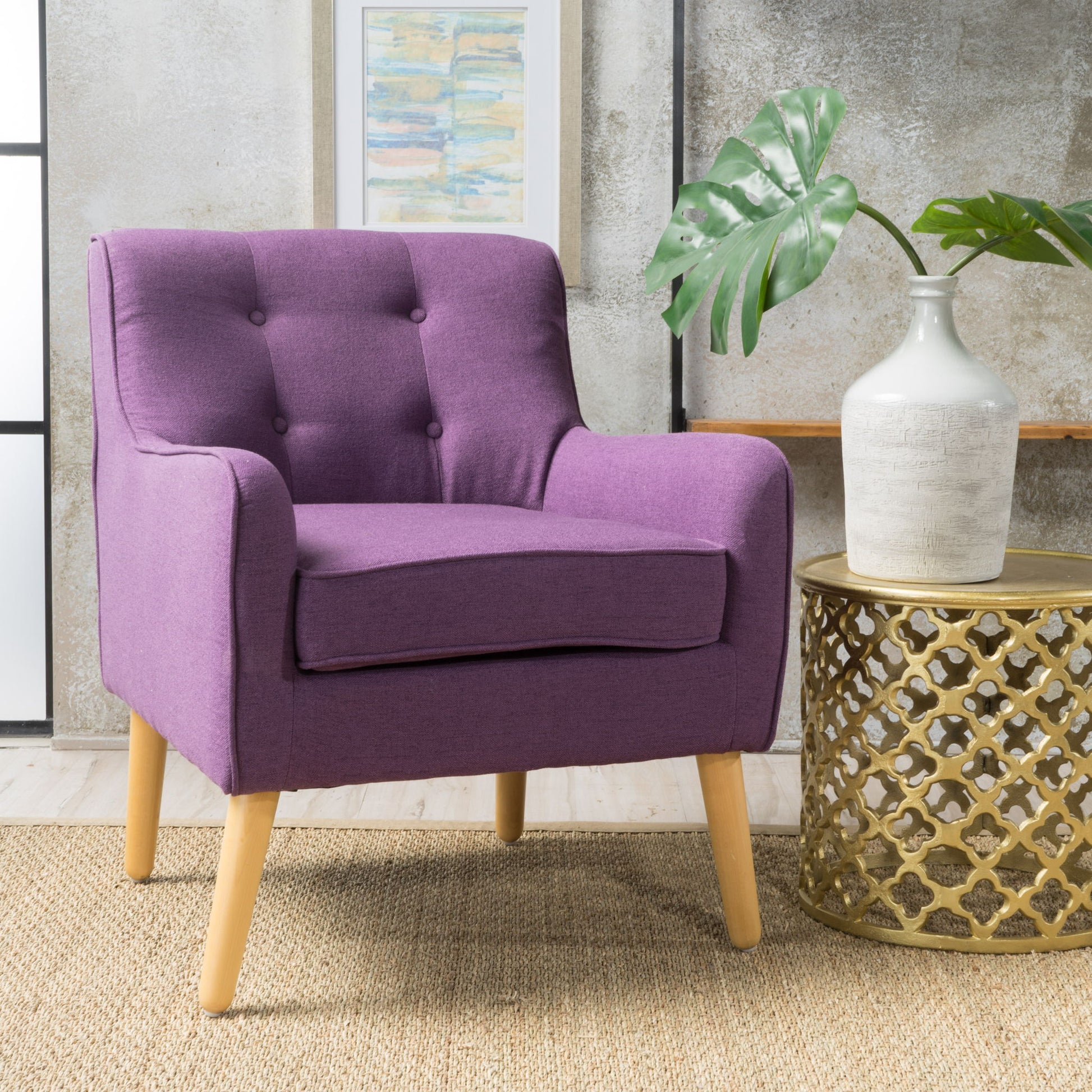 Modern Arm Chair With Tufted Back And Wooden Legs Noble House