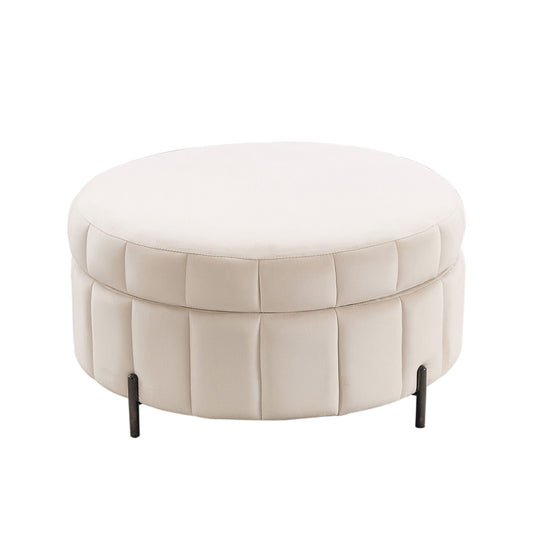 Upholstered Round Ottoman With Reversible Lid, Channel Tufted Pumpkin Shape Home Essentials