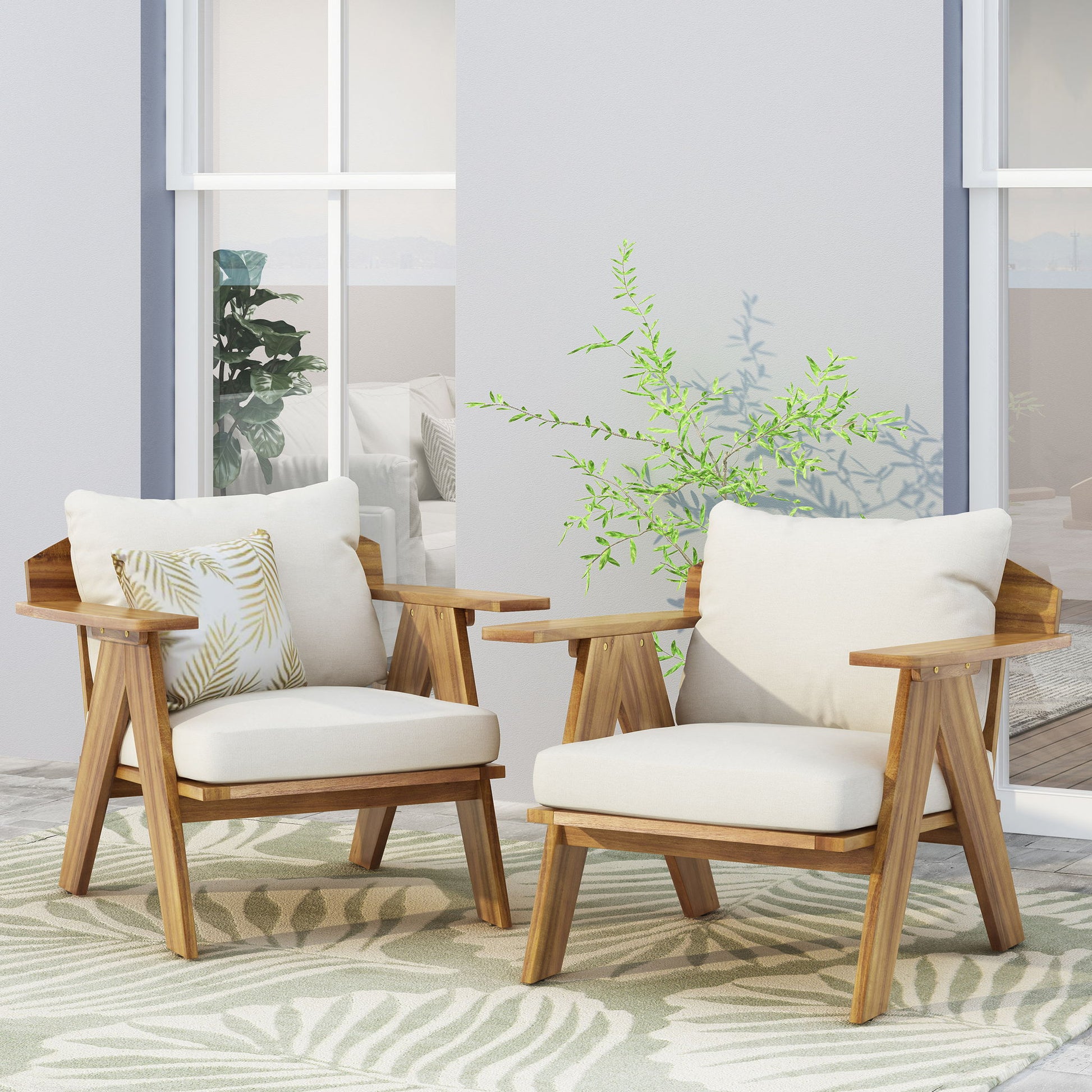 Outdoor Acacia Wood Club Chairs With Cushions (Set of 2) - Teak / Beige Noble House