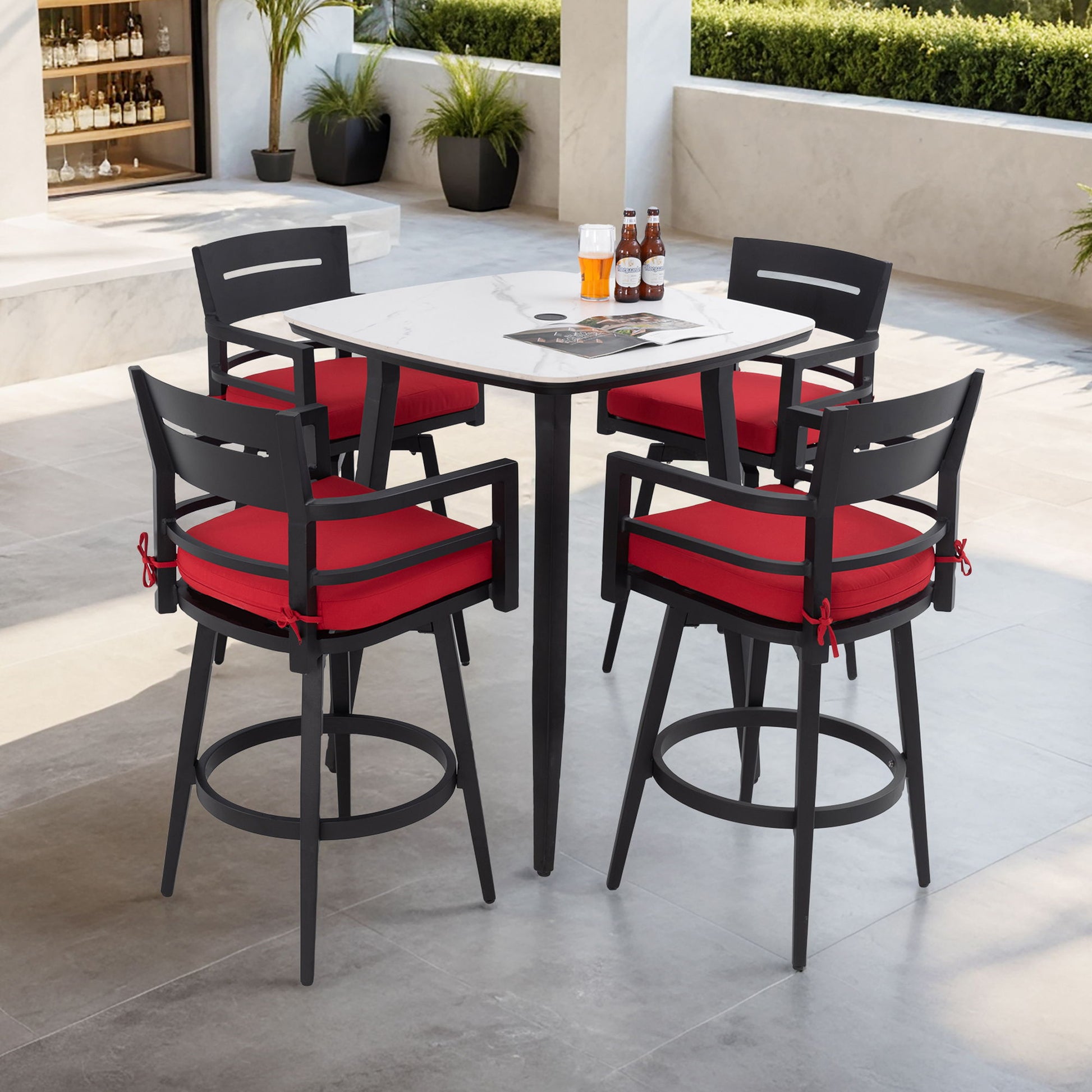5 Pieces Outdoor Patio Bar Set, Rounded Square Sintered Stone Table & 4 Swivel Bar Chairs Life Outside