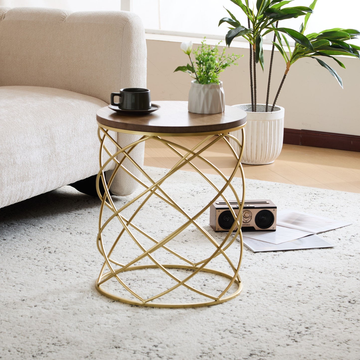 Contemporary Golden Side Table With Top And Metal Frame - Natural / Gold Noble House
