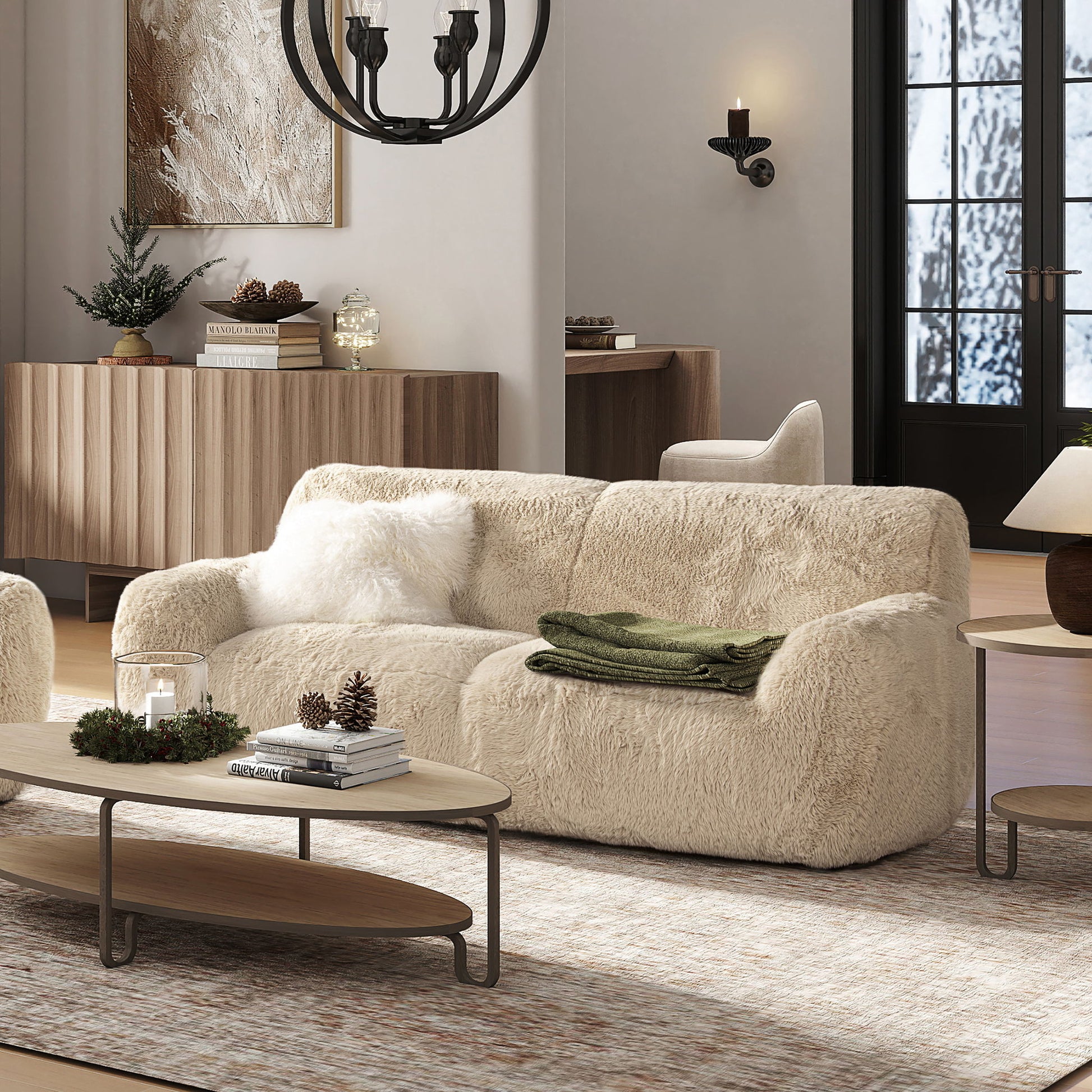 Summit - Faux Sheepskin Overstuffed Sofa - Cream Beige Jennifer Taylor Home