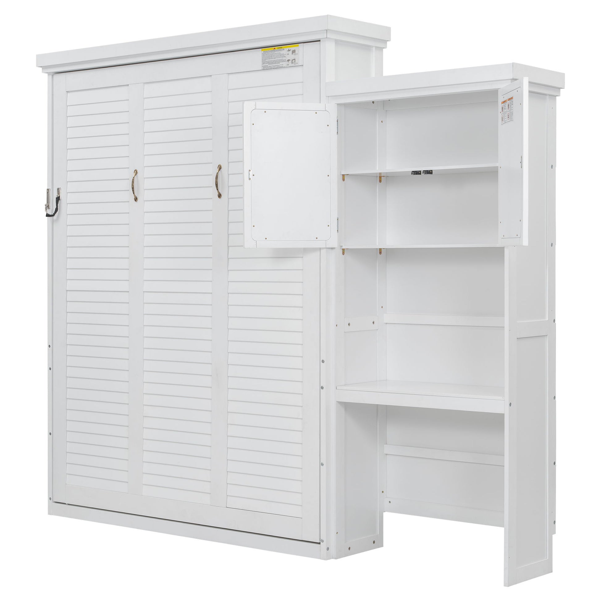 Queen Size Murphy Bed With Louvered Design And Multiple Storage Shelves - White Hearth and Haven