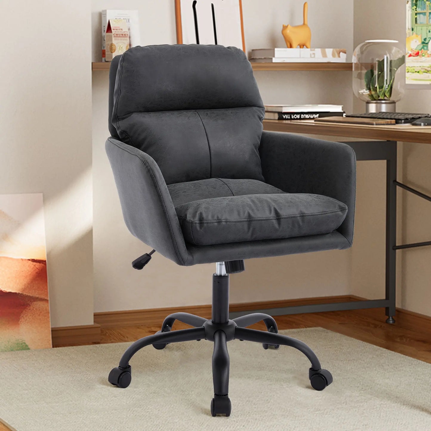 Adjustable Office Chair, Ergonomic Swivel Chair Leather, Comfortable For Long Sitting, Versatile Home And Office Use - Black Home Essentials