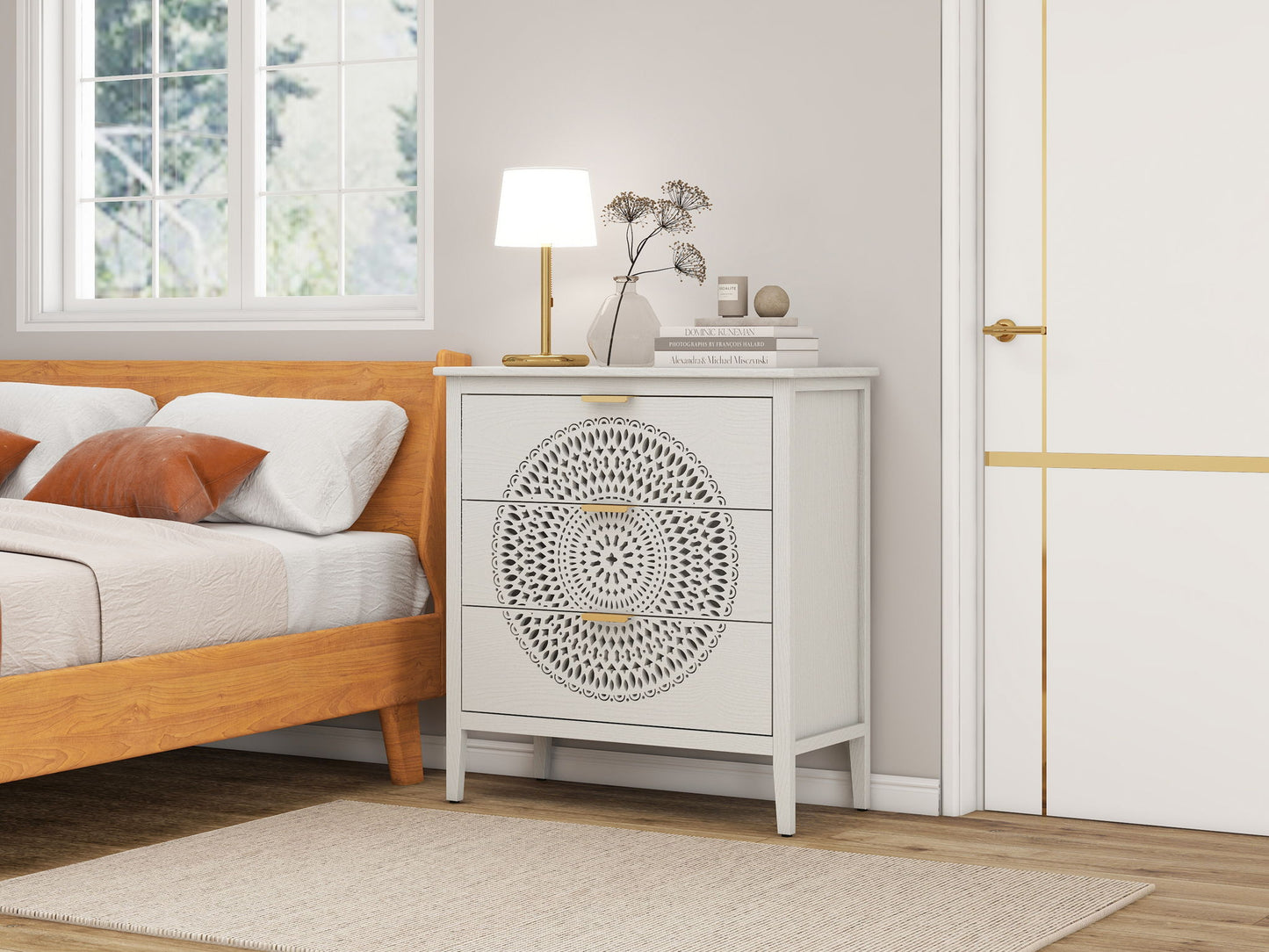 3 Drawer Cabinet With Hollow Carved 3 Drawer Dresser Storage Chest With Metal Handles For Entryway Living Room Bedroom - Beige Home Essentials