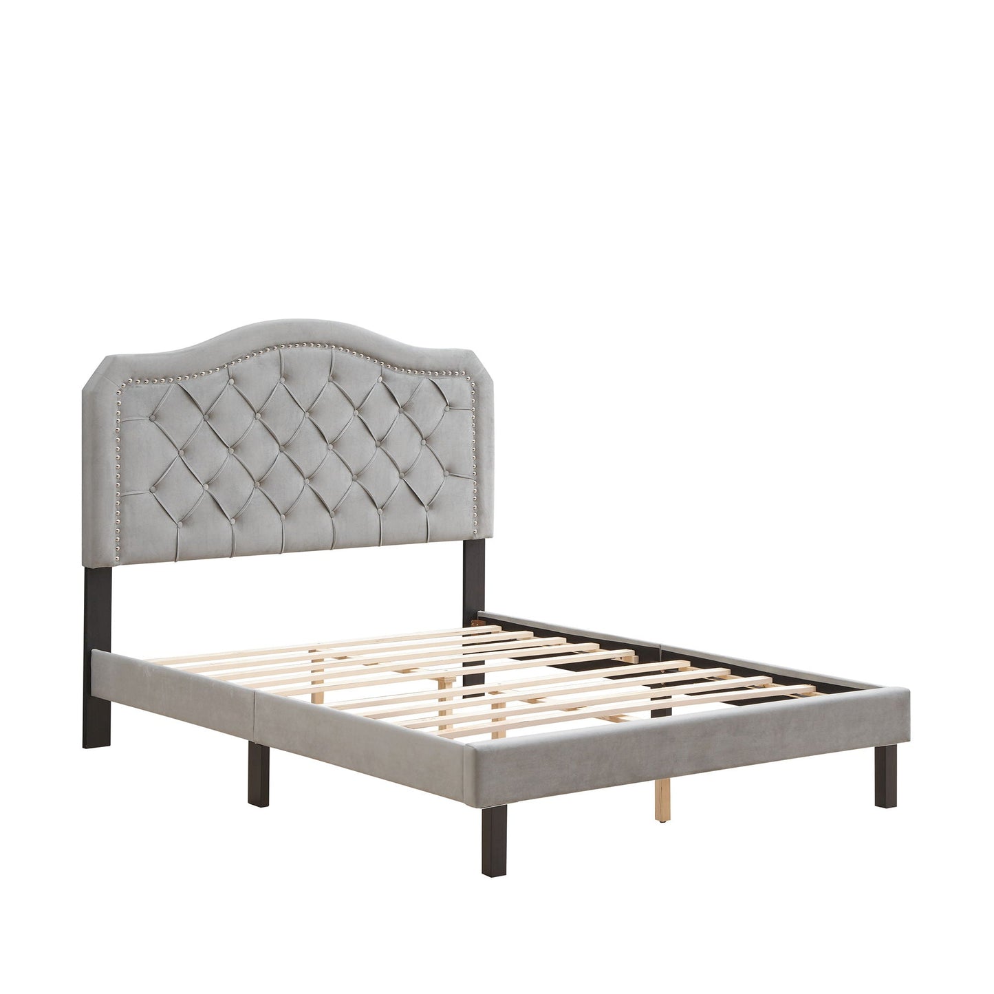 Queen Platform Upholstered Bed Button Tufted With Curve Design, Strong Wood Slat Support - Gray Home Essentials