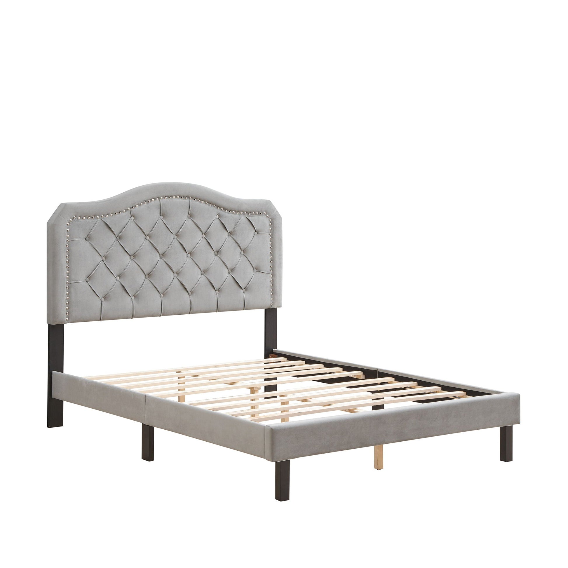 Queen Platform Upholstered Bed Button Tufted With Curve Design, Strong Wood Slat Support - Gray Home Essentials