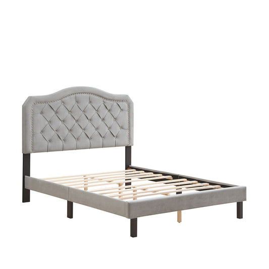 Queen Platform Upholstered Bed Button Tufted With Curve Design, Strong Wood Slat Support - Gray Home Essentials