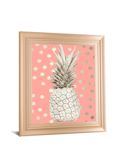 White Gold Pineapple On Polka Dots Pink By Nature Magick - Framed Print Wall Art - Gold