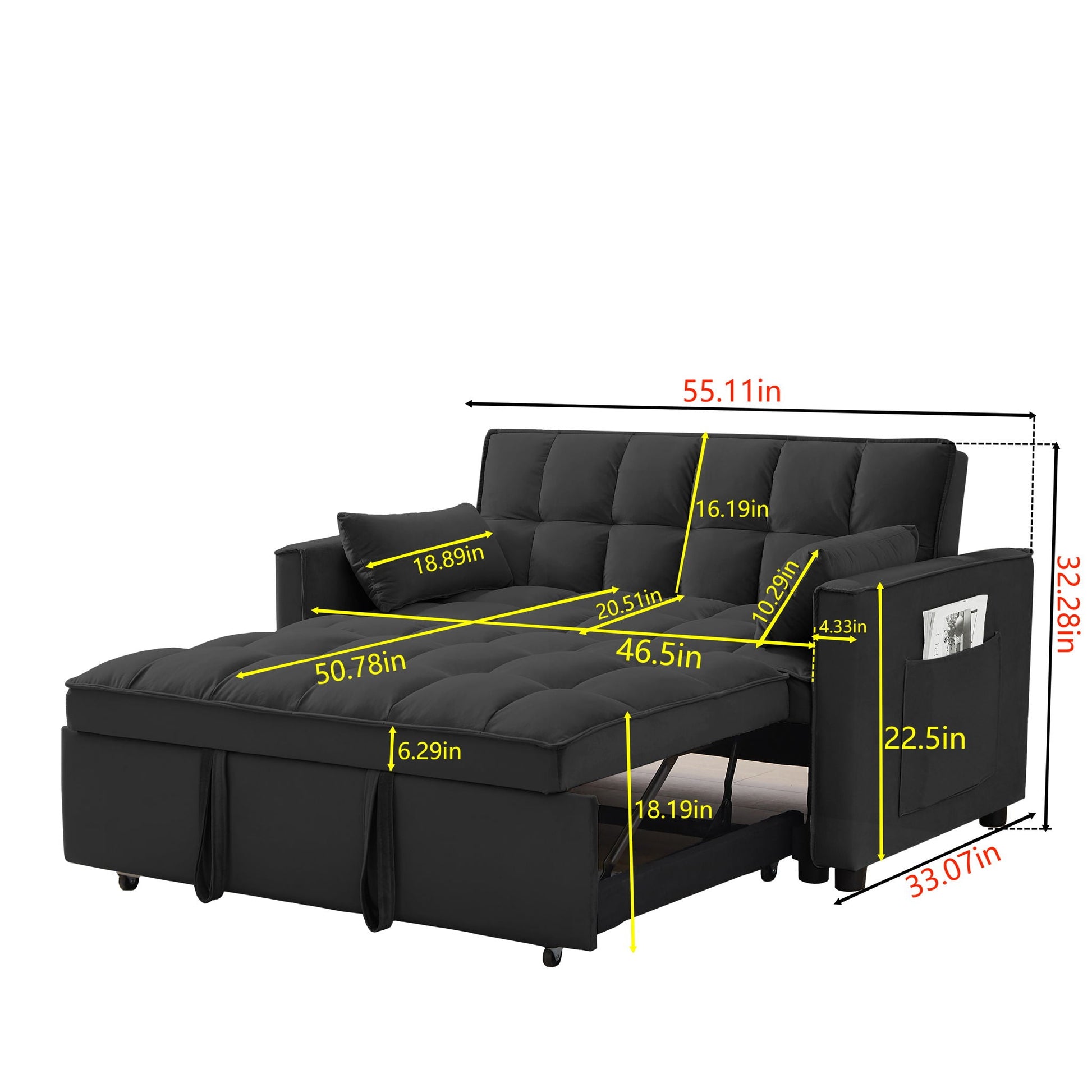 Modern Velvet Convertible Loveseat Futon Sofa With Pullout Bed, Reclining Backrest Home Essentials