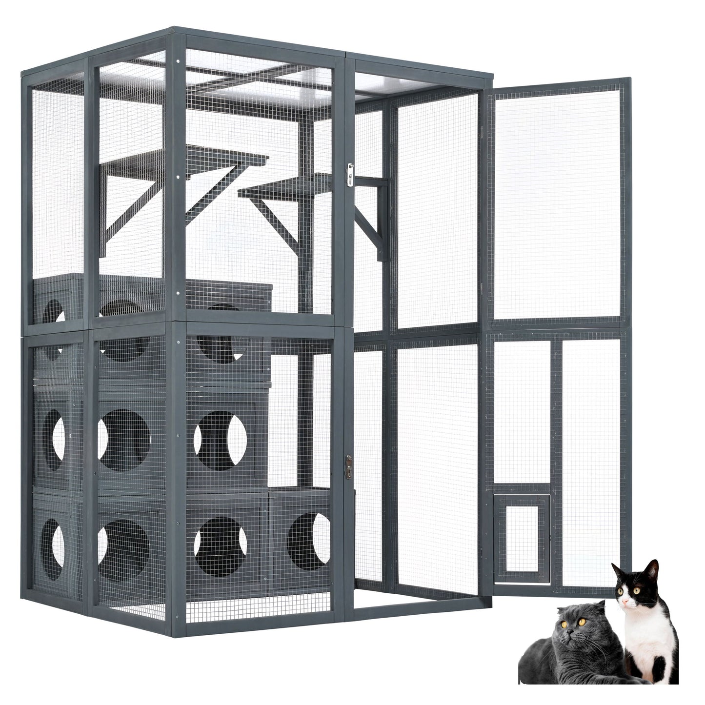 Outdoor Cat House With Shelves And Weather Protection, Removable Wood Boxes - Gray Daily Nest
