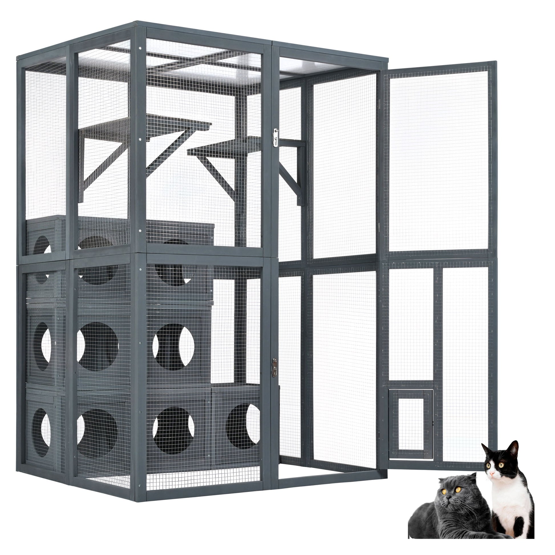 Outdoor Cat House With Shelves And Weather Protection, Removable Wood Boxes - Gray Daily Nest