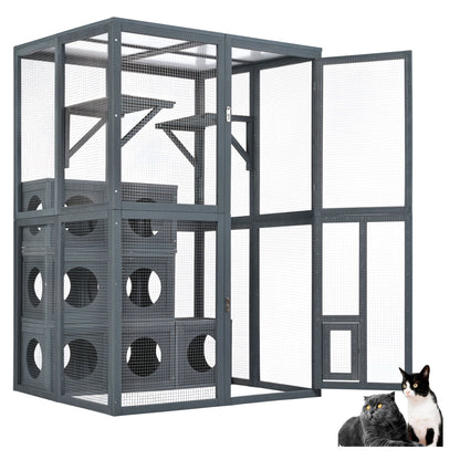 Outdoor Cat House With Shelves And Weather Protection, Removable Wood Boxes - Gray Daily Nest