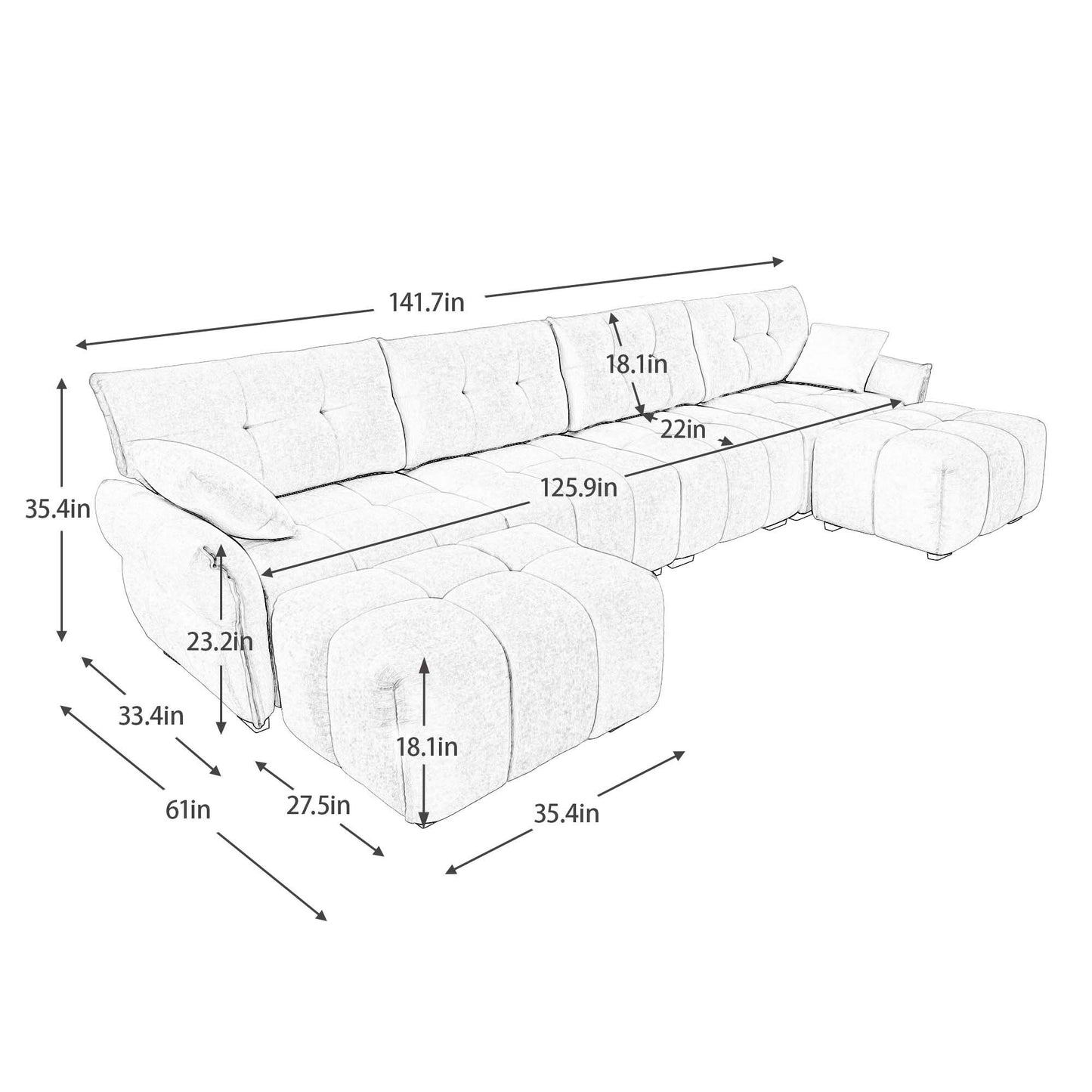 Sofa Set With Ottoman And Pillows, Textured, High Resilience Cushions Home Essentials