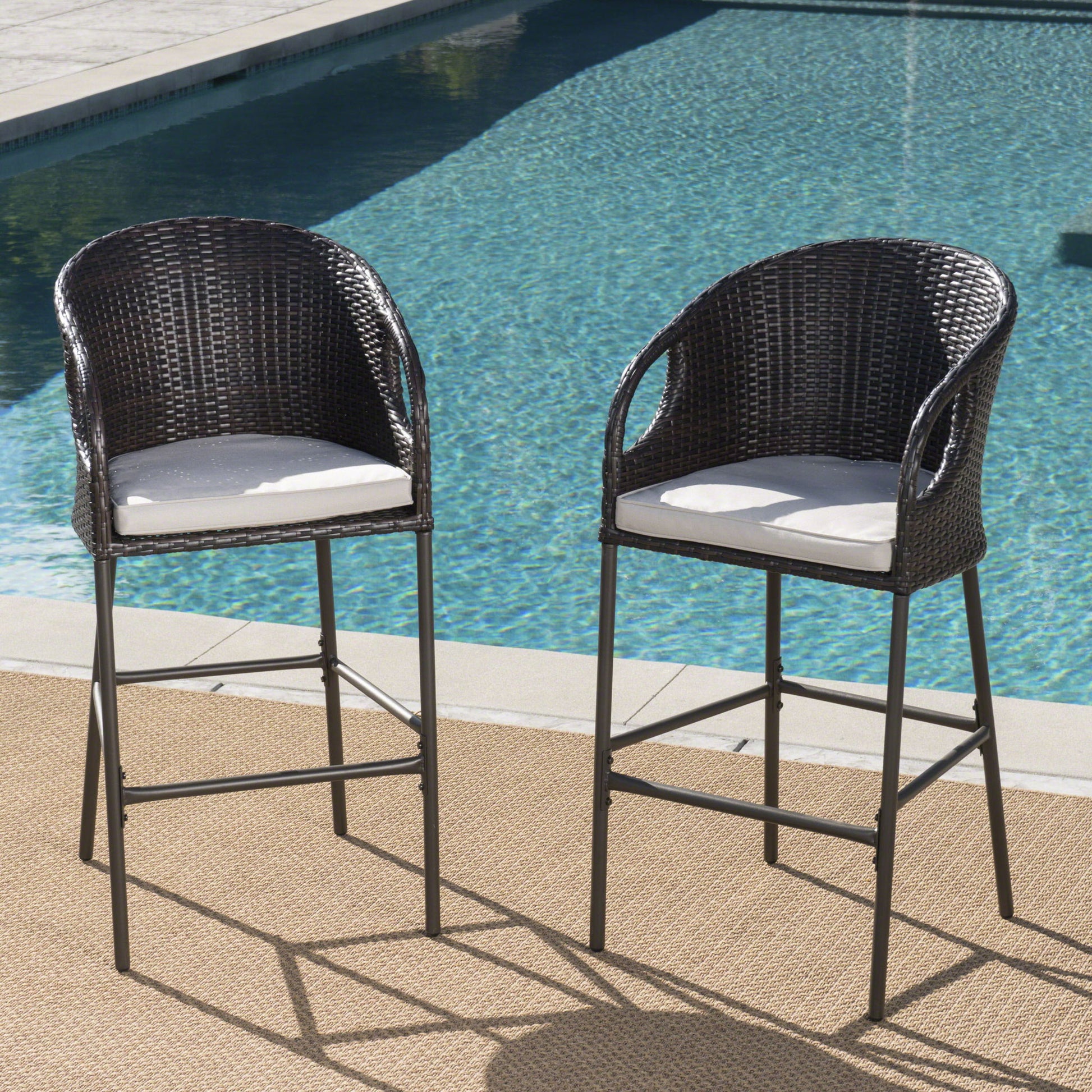 Outdoor 31" Rattan Barstools With Waterproof Cushions (Set of 2) - Multi Brown Noble House