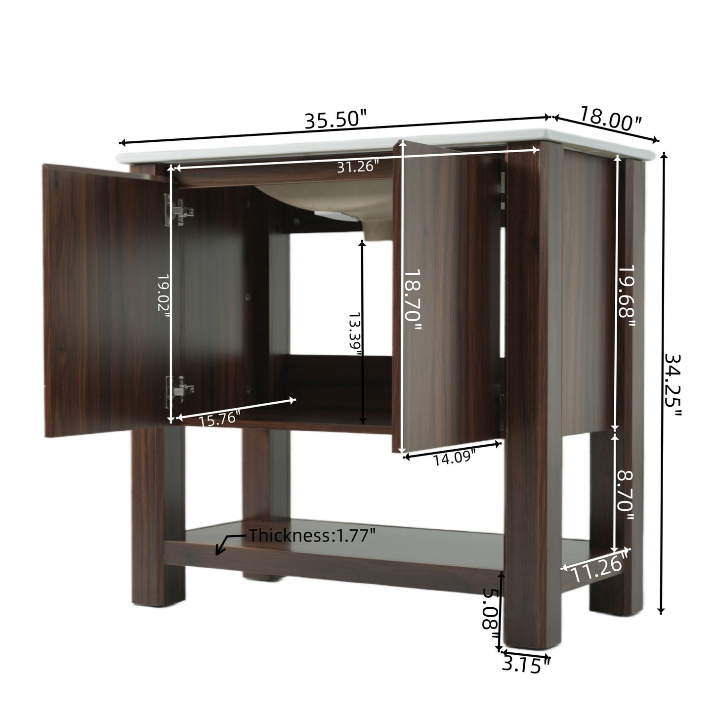 36" Modern Bathroom Vanity With Rectangle Ceramic Sink, Bathroom Cabinet And 45 Degrees Free Handle Design Soft Closing Doors, 1 Open Shelf At The Bottom - Dark Brown Noble House