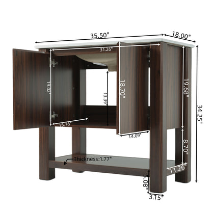 36" Modern Bathroom Vanity With Rectangle Ceramic Sink, Bathroom Cabinet And 45 Degrees Free Handle Design Soft Closing Doors, 1 Open Shelf At The Bottom - Dark Brown Noble House
