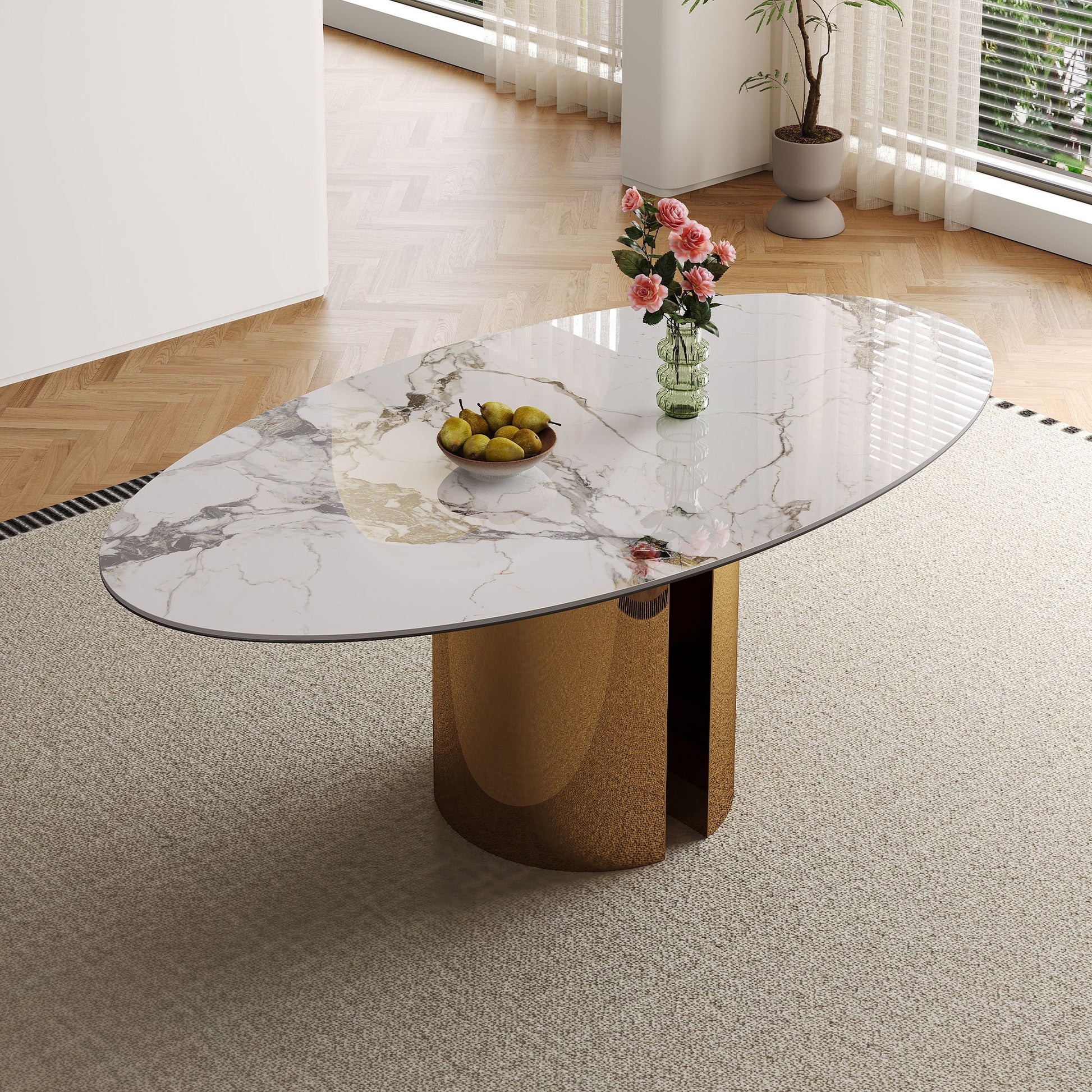 Oval Dining Table With Stainless Steel Base, Sturdy And Stable Design For Kitchen, Dining Room - Brown / White Home Essentials