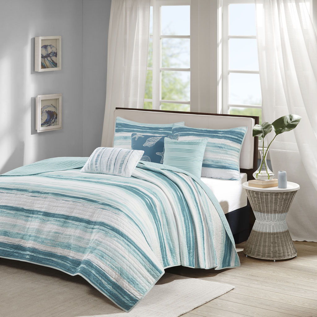 Marina - King 6 Piece Quilted Coverlet Set - Aqua Madison Park
