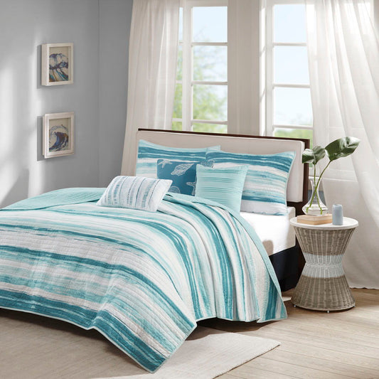 Marina - King 6 Piece Quilted Coverlet Set - Aqua Madison Park