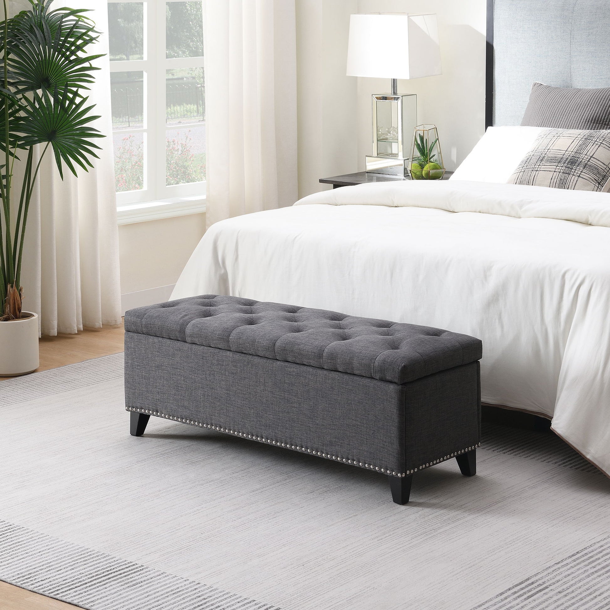 Button-Tufted Storage Ottoman With Safety Close Hinge Home Essentials
