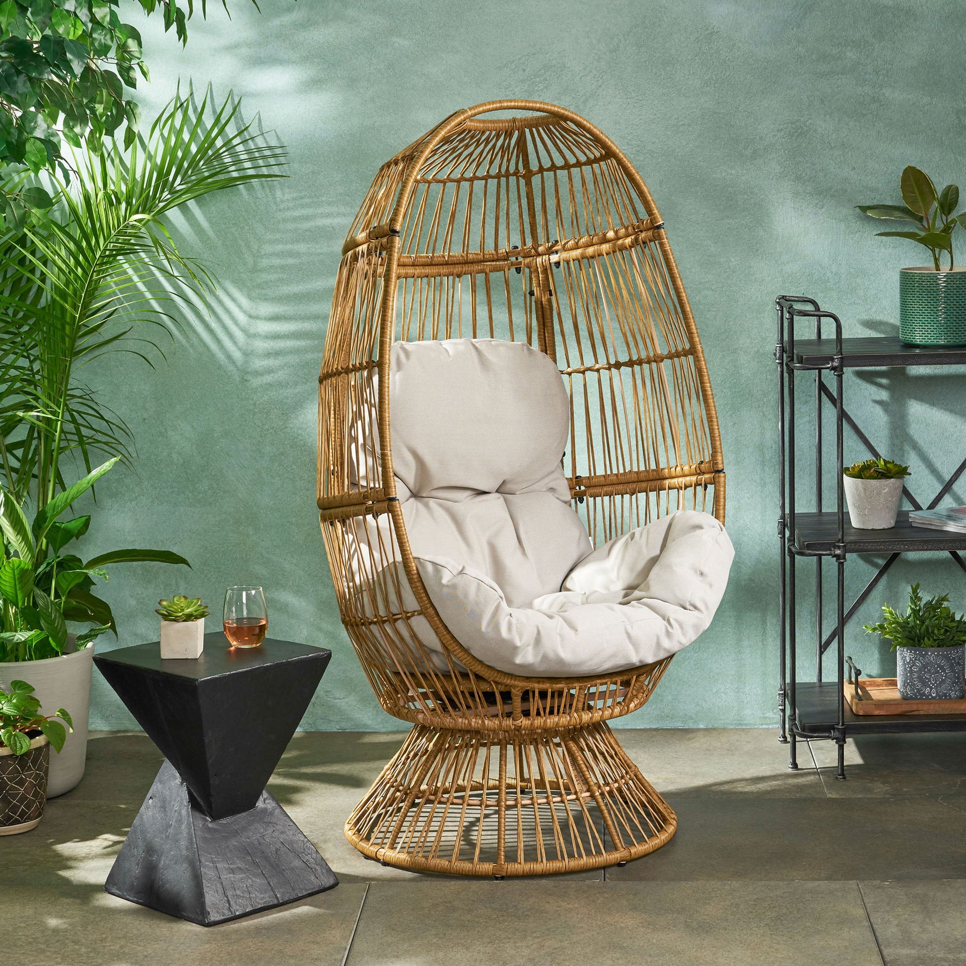 Patio Swivel Basket Egg Chair With Cushion Noble House