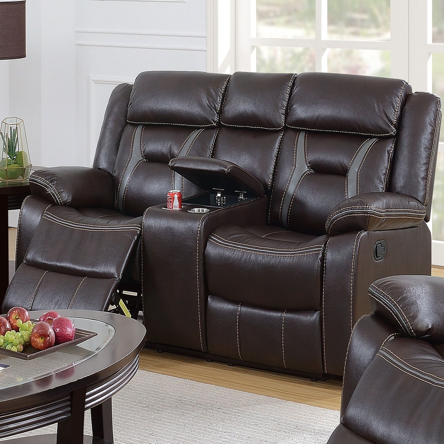 Modern Reclining Loveseat With Console, Cup Holders, Storage Home Essentials