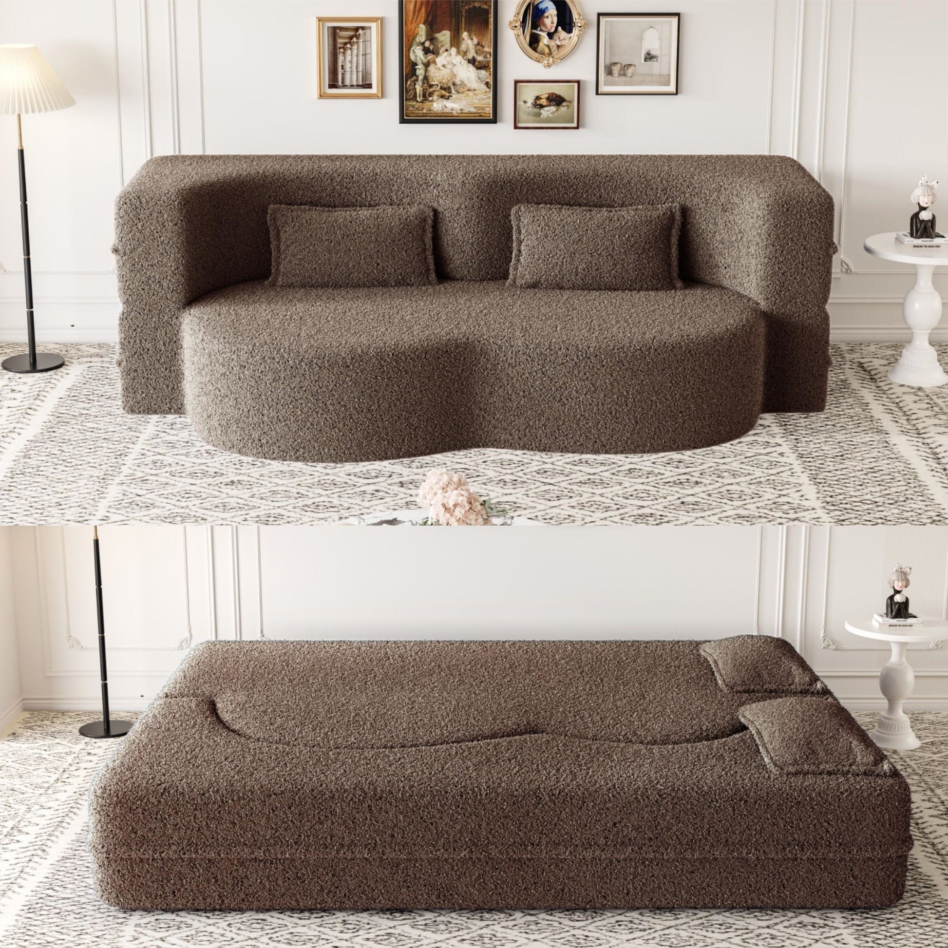 Modern Floor Sofa, With 2 Pillows, Convertible Teddy Fabric Foam Filled Bed Home Essentials