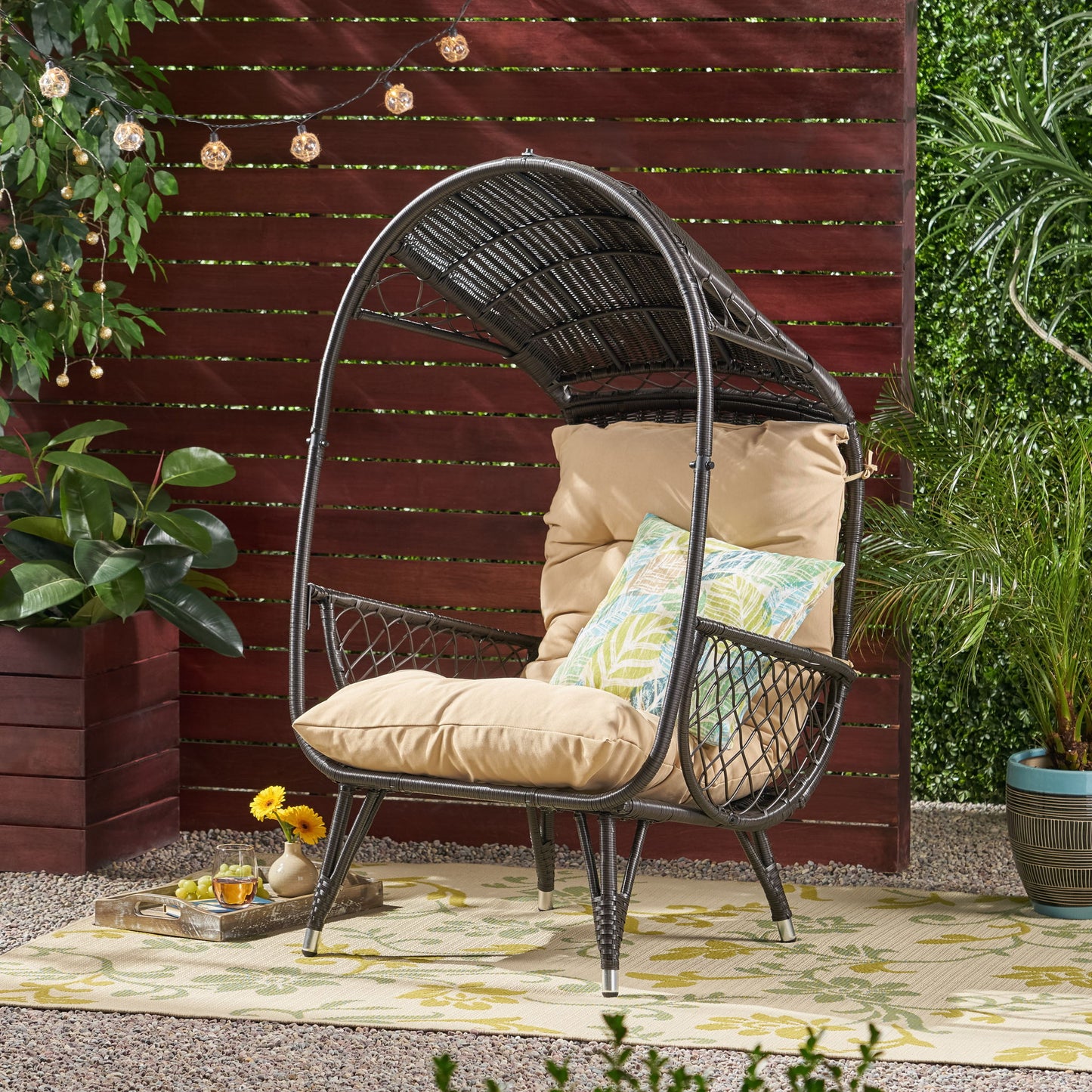 Outdoor Wicker Standing Basket Chair With Cushion Noble House