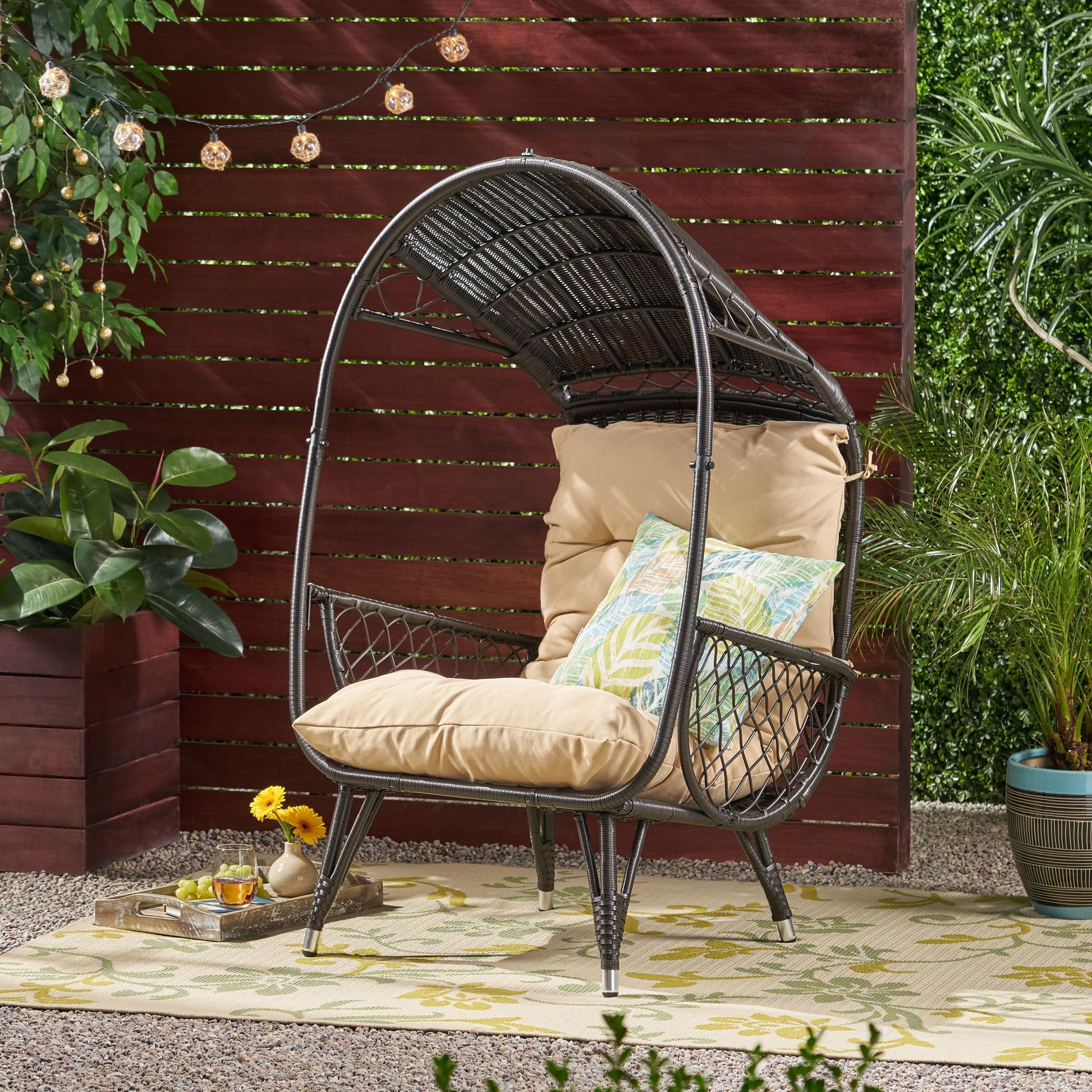 Outdoor Wicker Standing Basket Chair With Cushion Noble House