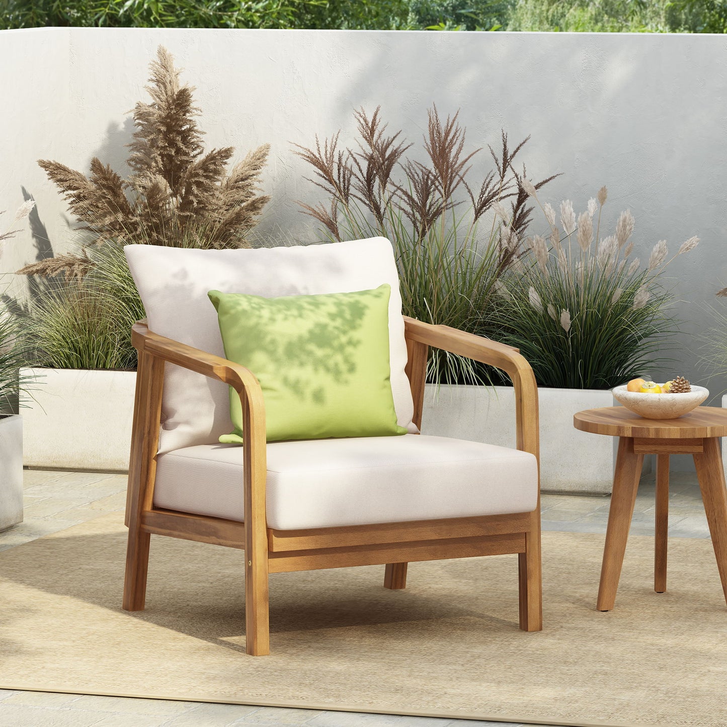 Outdoor Lounge Chair With Woven Backrest, Solid Wood Frame, Comfortable Cushions Noble House