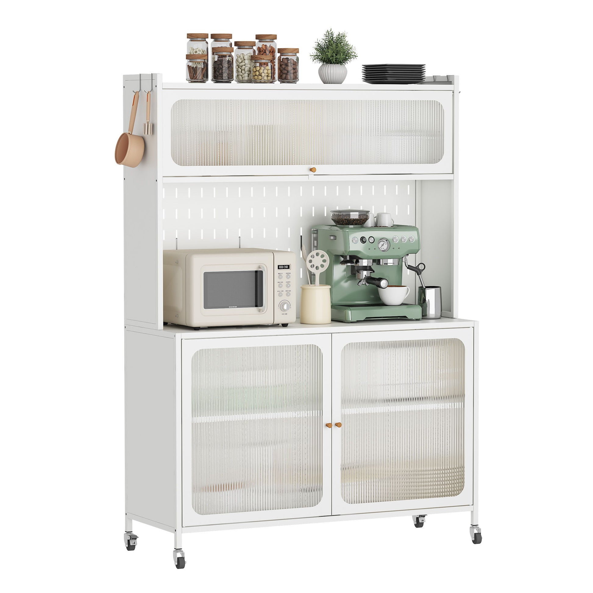 Contemporary Kitchen Pantry Cabinet With Glass Doors, Adjustable Shelves, Steel - Brushed Nickel Home Essentials