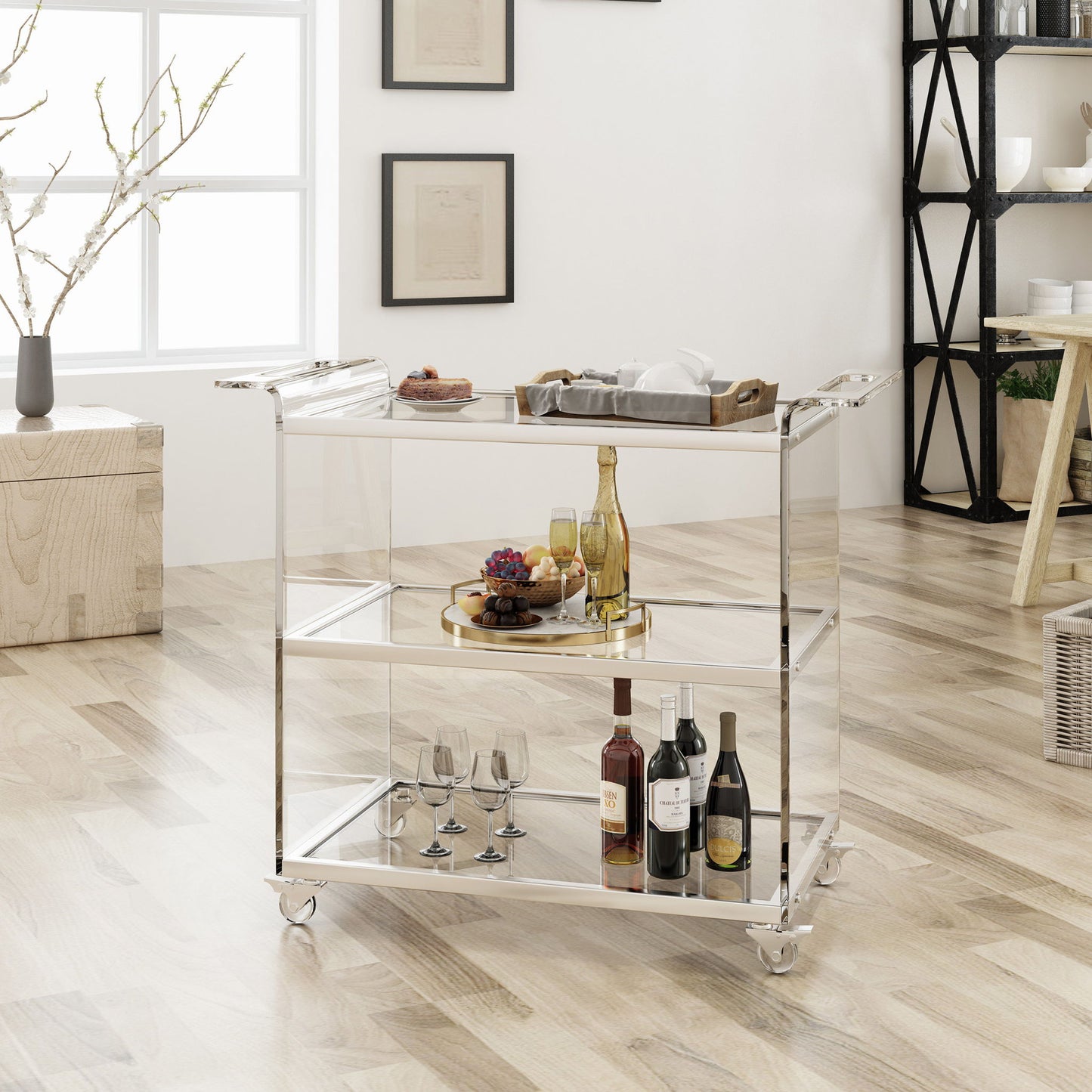 Elegant Acrylic Bar Cart With Tempered Glass Shelves And Rattan Metal Frame - Clear Noble House