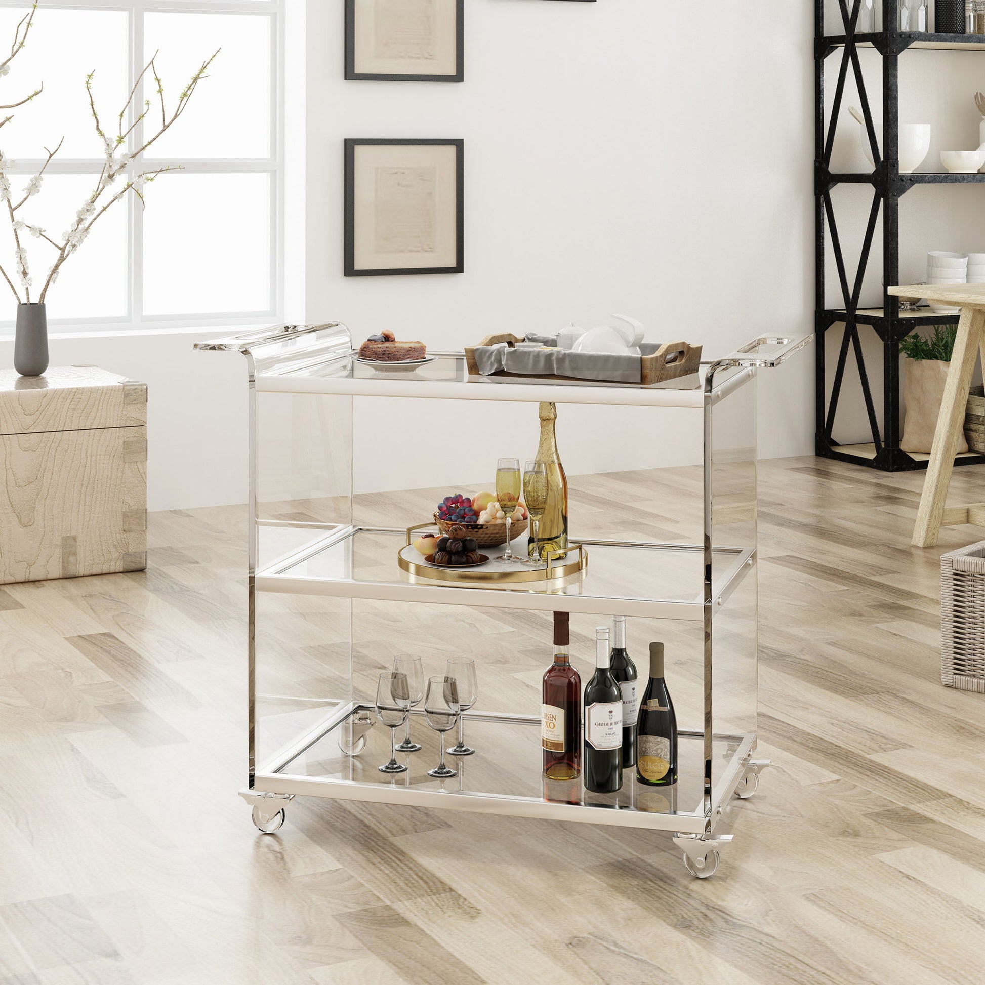 Elegant Acrylic Bar Cart With Tempered Glass Shelves And Rattan Metal Frame - Clear Noble House