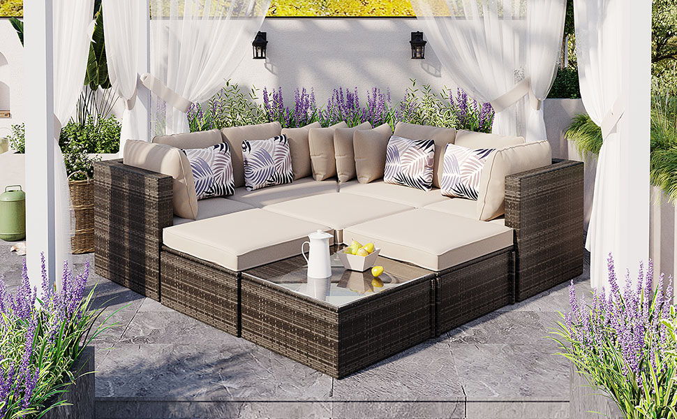 8 Piece Outdoor Wicker Sofa Set, Rattan Sofa Lounger, With Colorful Pillows, Conversation Sofa, For Patio, Garden, Deck - Brown / Beige