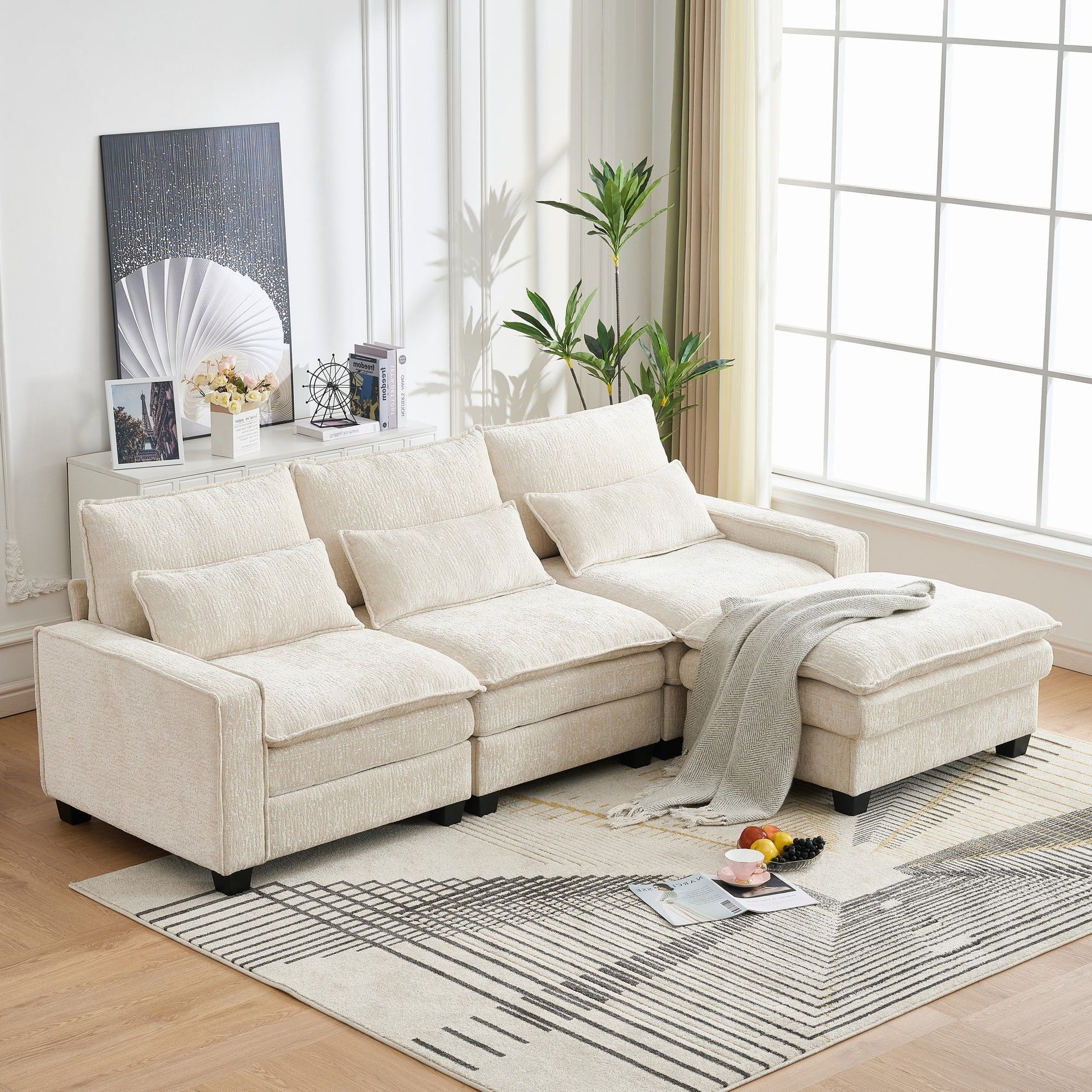 Modern Comfy Chenille L Shaped Sectional Sofa With Movable Ottoman Home Essentials
