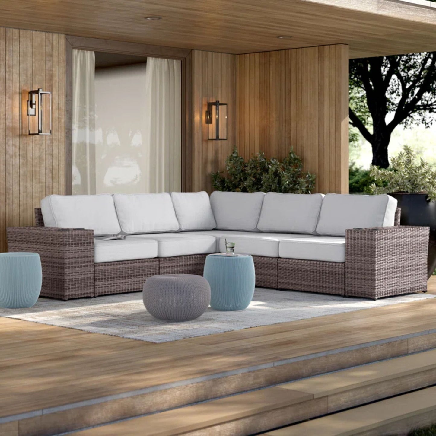 Wide Reversible Outdoor Sectional Sofa With Cushions - Brown / Gray LSI Patio Furniture