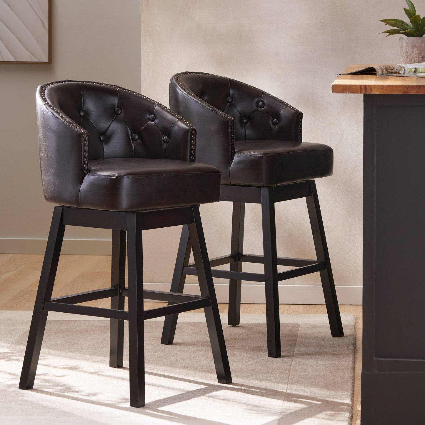 360 Degree Swivel Bar Stool With Stunning Nailhead Trim (Set of 2) Noble House