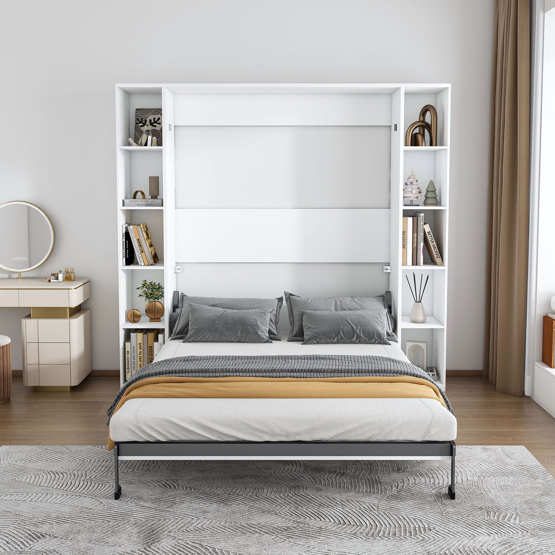 Queen Murphy Bed With Storage Cabinet - White Home Essentials
