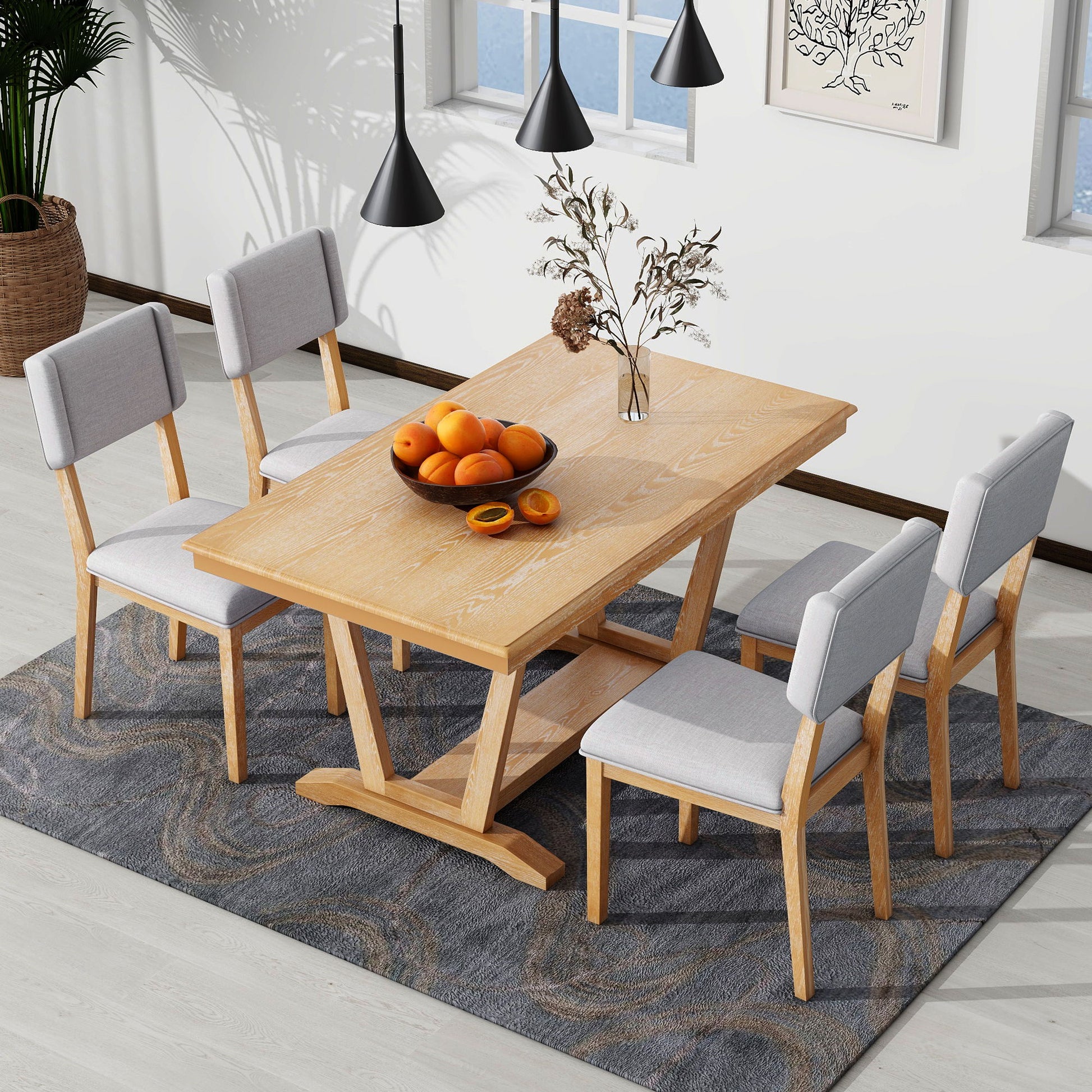 Topmax - 5 Piece Rustic Dining Table Set With 4 Upholstered Chairs, Rectangular Dining Table With Trestle Table Base Hearth and Haven