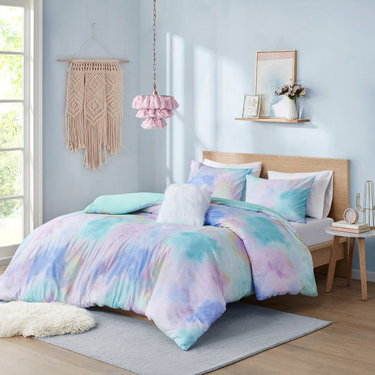 Cassiopeia - Watercolor Tie Dye Printed Duvet Cover Set With Throw Pillow - Aqua Intelligent Design