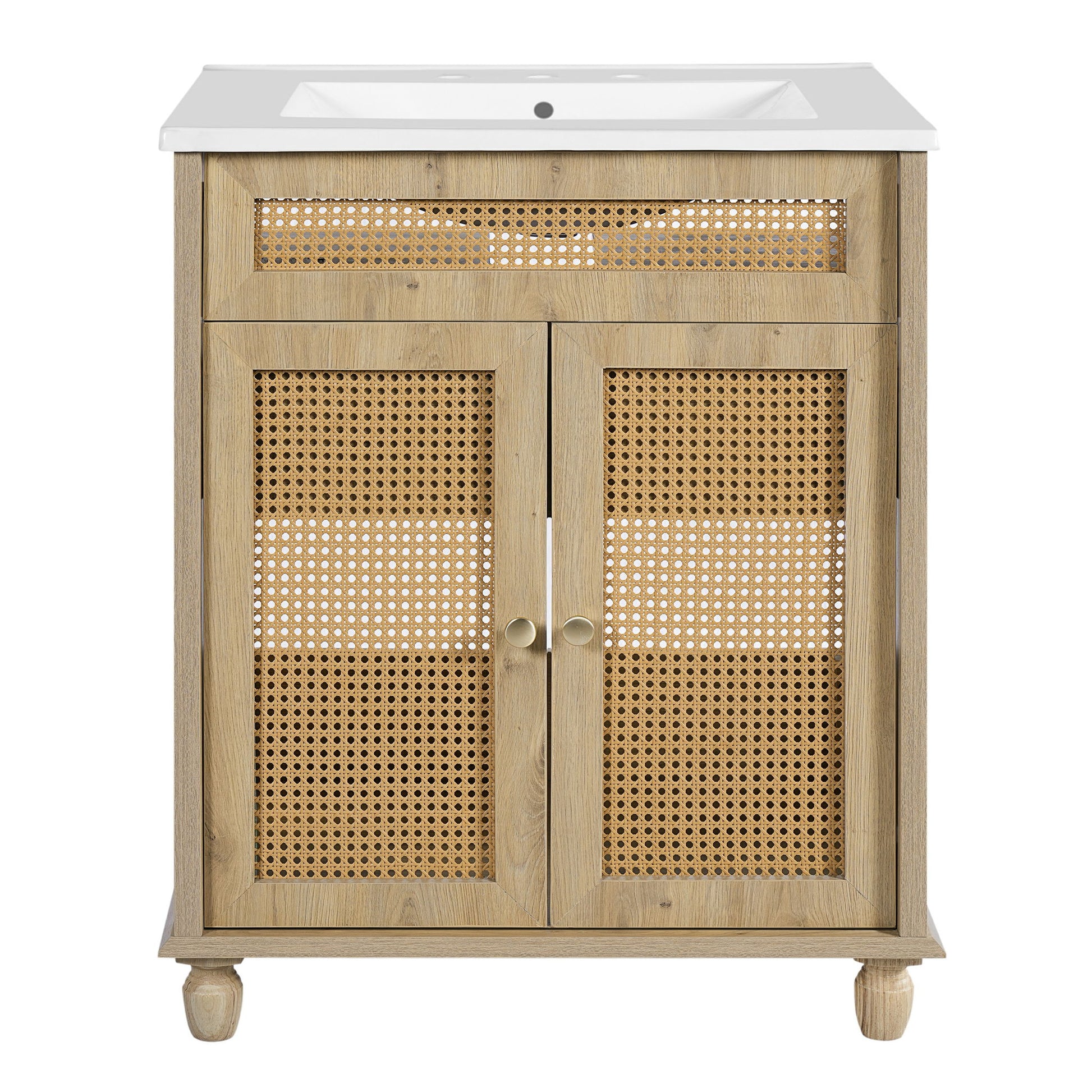 Bathroom Vanity With Handwoven Rattan Doors, Resin Basin - Natural Wood Noble House