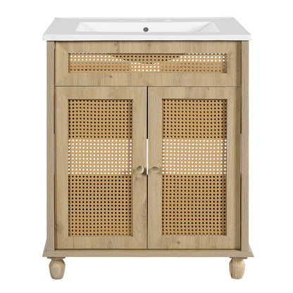 Bathroom Vanity With Handwoven Rattan Doors, Resin Basin - Natural Wood Noble House