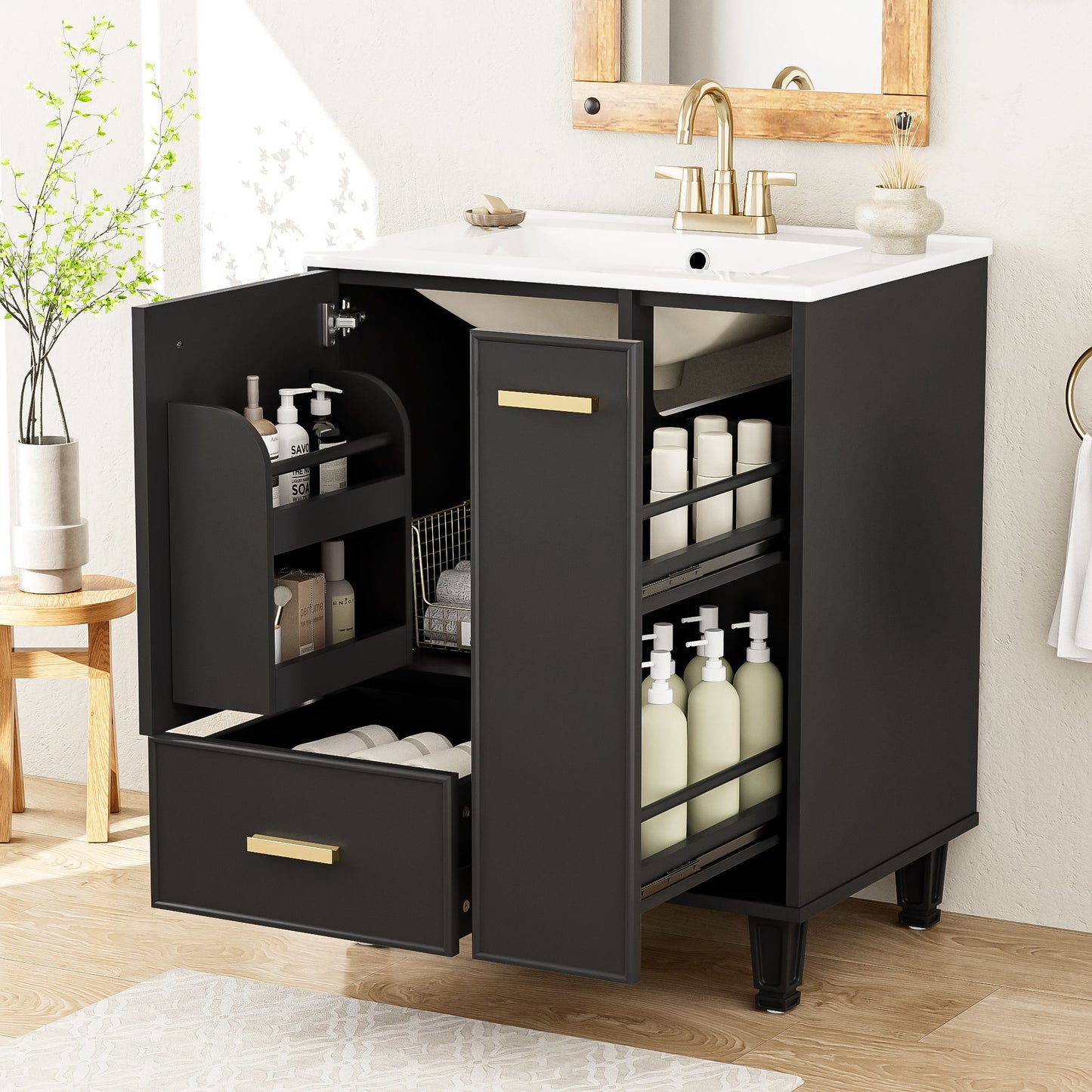 Bathroom Vanity With Sink, Deep Drawer, Door Shelf, 2 Tier Basket Noble House