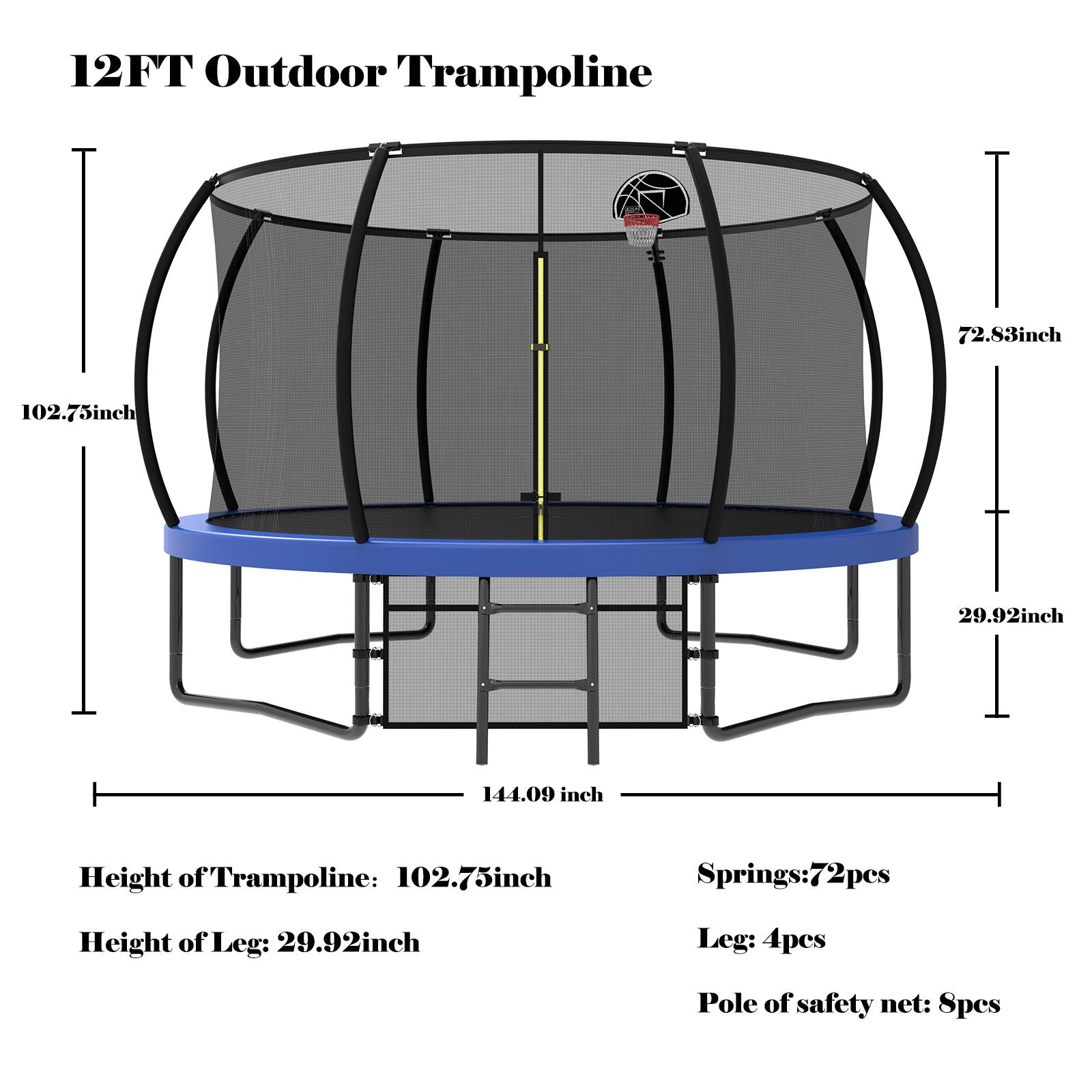 12' Recreational Kids Trampoline With Safety Enclosure Net & Ladder, Outdoor Recreational Trampolines Daily Nest