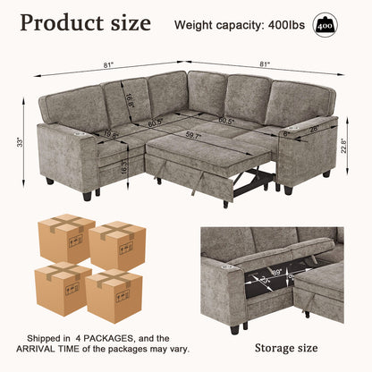 L-Shaped Sofa With Pull Out Sofa Bed With USB Home Essentials