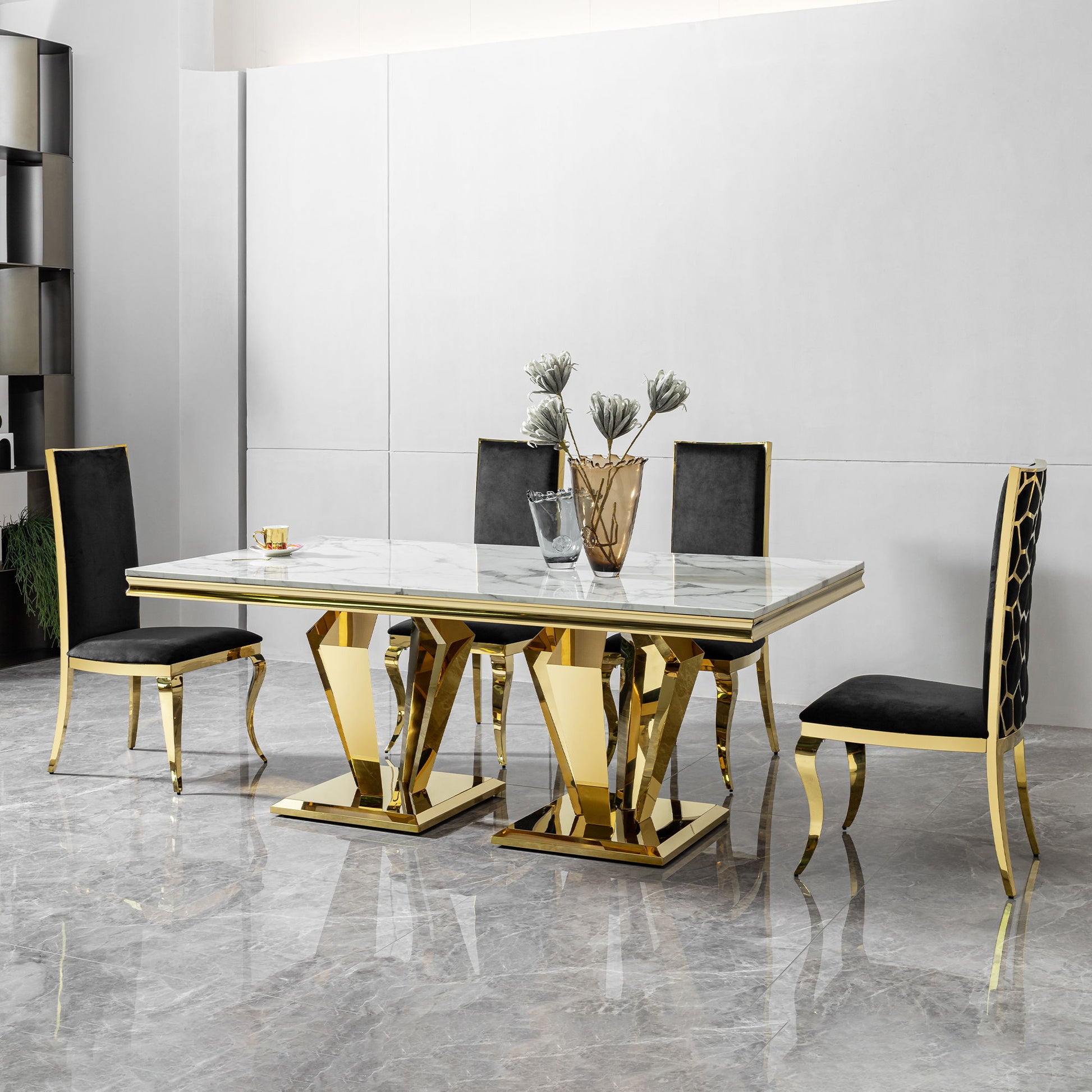 79.53 In. Elegant Marble Pattern Dining Table For 6 Or 8 Seats Polished Stainless Steel Base - Gold Home Essentials