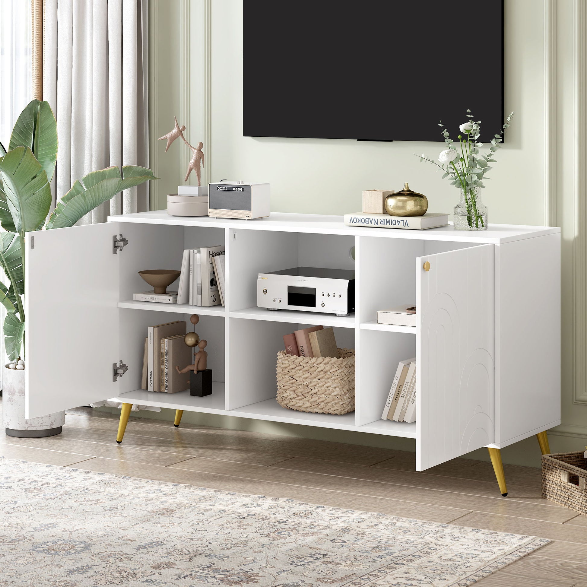Modern TV Stand With Adjustable Shelf, Handles And Anti-Tip Device Hearth and Haven